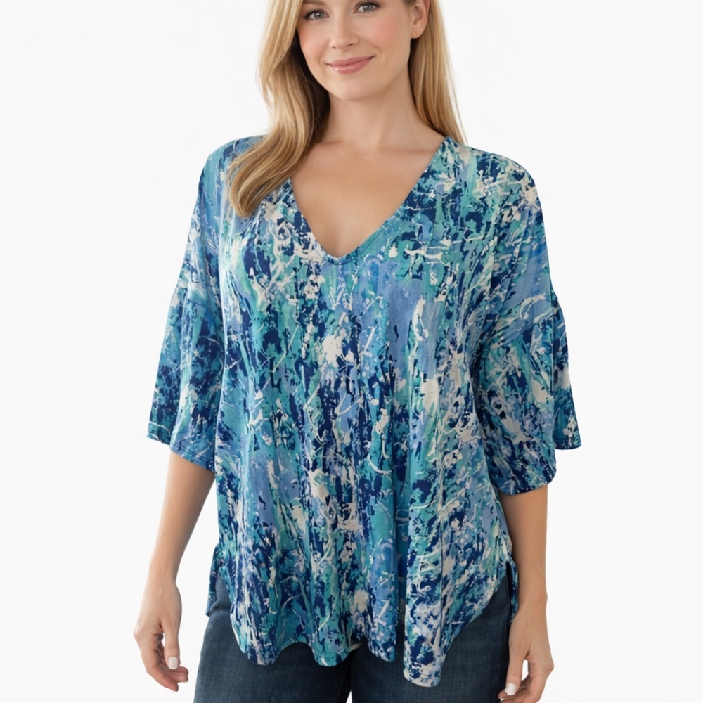 Yana K Mia Aqua Paintbrush Bell Sleeve Top | 3/4 Sleeve | Size Large | USA Made
